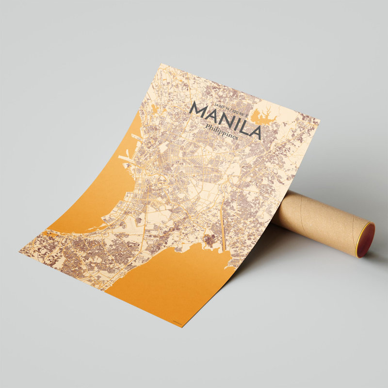 Manille, carte de la ville, impression, H 17 po x l 11 po, Orange / or pâle