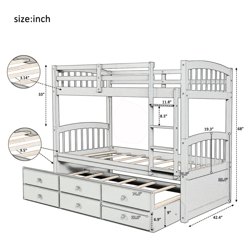 Twin Over Twin Trundle Bed With 3 Drawers, Gray