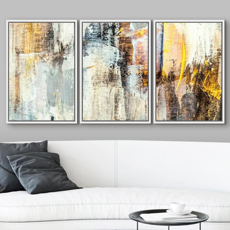 «Grico Calico Minimal Paint Strokes Abstract Shapes», 3 pièces sur toile, Cadre flottant blanc, H 36 po x l 72 po
