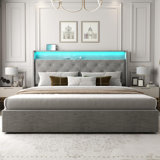 Kadeer Lift Up Bed Frame with Charging Station & LED Light, Upholstered Bed with Button Tufted