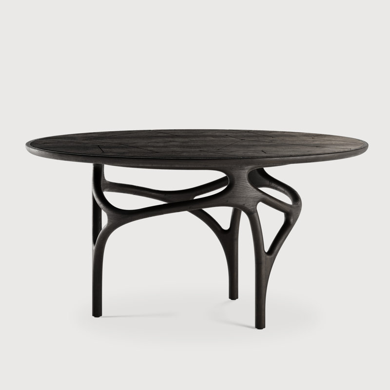 Cena dining table - varnished teak - dark brown - engraved beige quartzite top - round, White/Brown