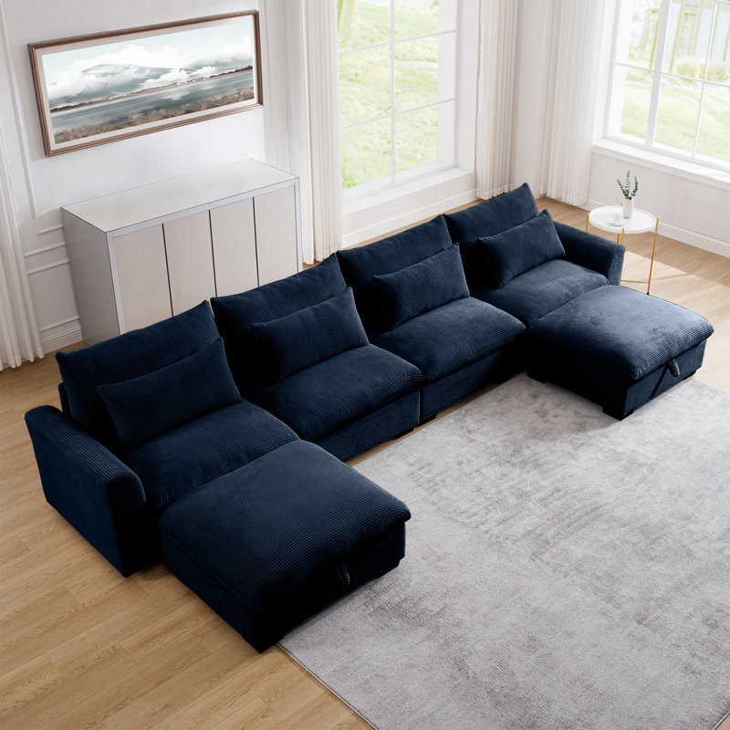 Big Deep Seat U-shaped Corduroy Sectional Couches For Living Room, 4 Seater Sofa Couch With 2 Storage Footstool And 4 Waist Pillows