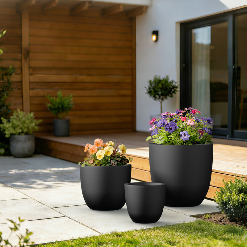 3-Piece Round Concrete Indoor/Outdoor Pot Planter Set, 17" H x 18" W x 18" D, Dark Charcoal
