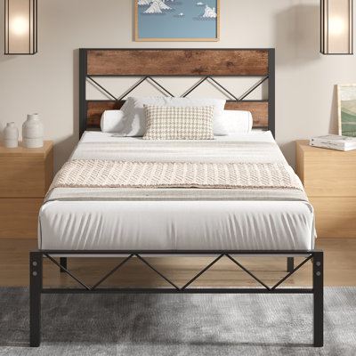 Single/Double Size Metal Beds, Platform Bed Frame with Rustic Vintage Wooden Headboard, Heavy Duty Steel Slats Support, No Box Spring Needed, Easy Assembly