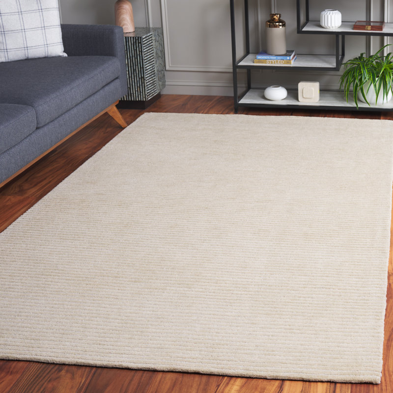 Tadas Hand Tufted Wool/Pet Yarn Solid Color Rug in Ivory, Rectangle 3' x 5'