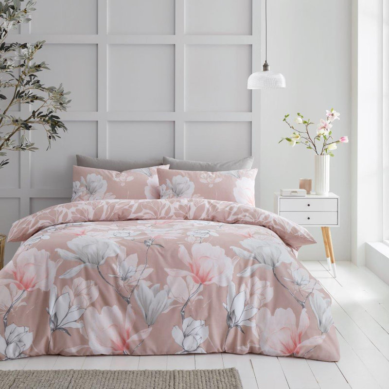 Floral Bedding Set - Polycotton Lightweight Duvet Cover with Matching Pillowcases - Single Double King, Pink, Double