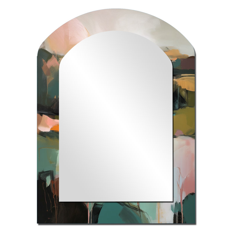 Green And Pink Transcending Reality - Abstract Painting Arch Mirror, Green Asymmetrical Unique Wall Mirror, Printed Metal Art