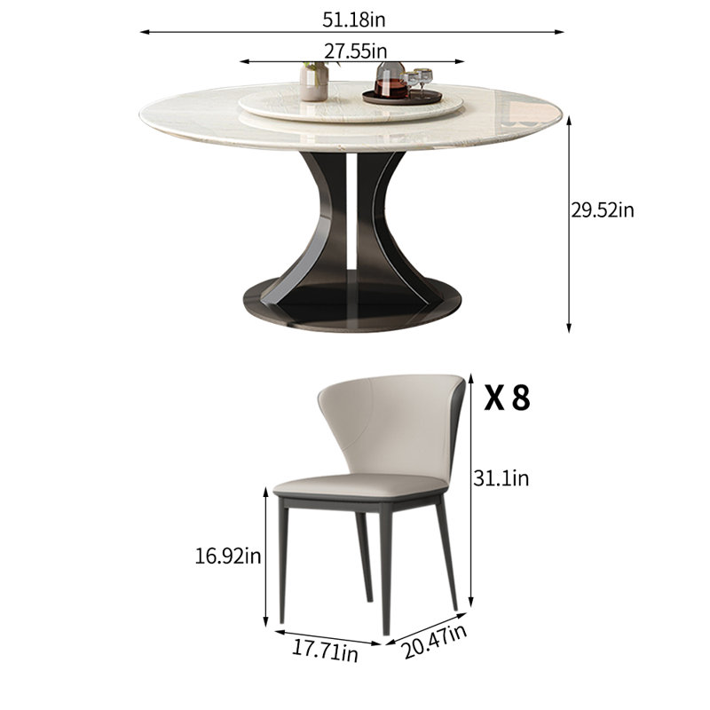 Ensemble de table de salle à manger simple et moderne, 9 Pieces: Table, 8 Chairs, H 29,52 po x L 51,18 po x l 51,18 po
