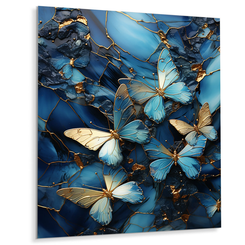 «Golden Blue Crystal Butterflies», reproduction d'art murale abstraite en métal, H 40 po x l 30 po x P 1,5 po