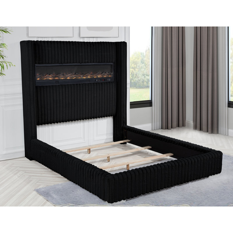 Upholstered Deluxe Fireplace High Headboard Bed, King, Black