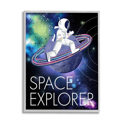 Space Explorer, univers étoilé, astronaute sur galaxie, ferme grise, estampe numérique encadrée, art texturé par Jennifer Ellory