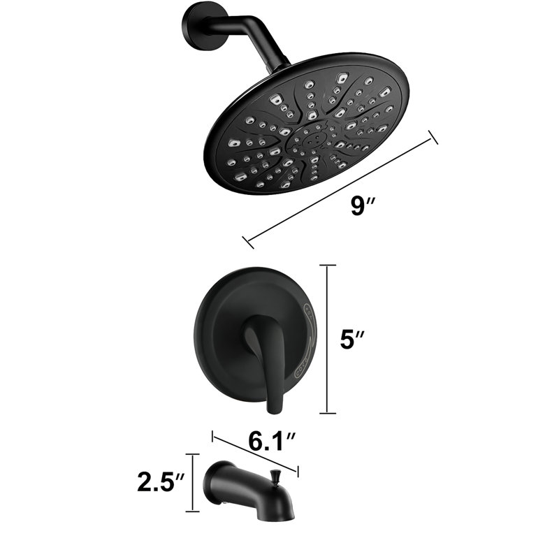 Single Handle Shower In Matte Black Look. Has Rain Showerhead, Handheld Shower, Tub Spout & Valve. 1.8 Gpm Flow. Resists Corrosion. Wall Mounted Faucet With Luxury. Comprises Gpm. Corrosion . Mount