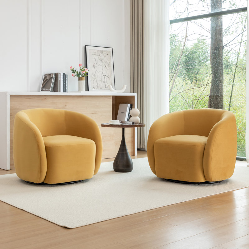 Fauteuil demi-tonneau pivotant en velours Arrun, Jaune moutarde