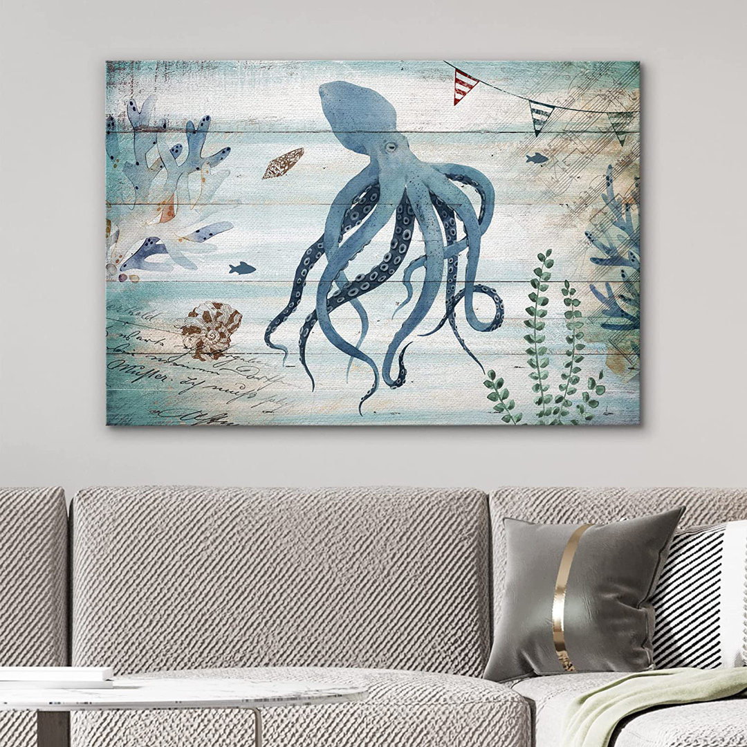 Marine Lifes In The Sea Tropical Island Underwater Pastel Ocean Octopus Animals Nature - Wrapped Canvas Print IDEA4WALL 