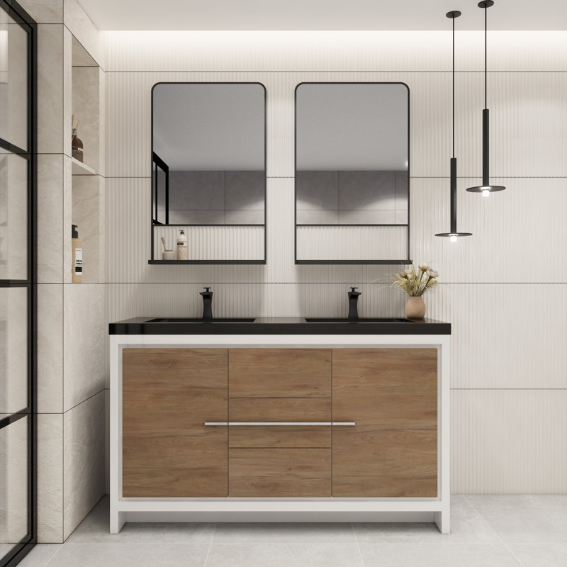 Ensemble de meuble-lavabo double 60 po Bayyinahi, Chêne blanc