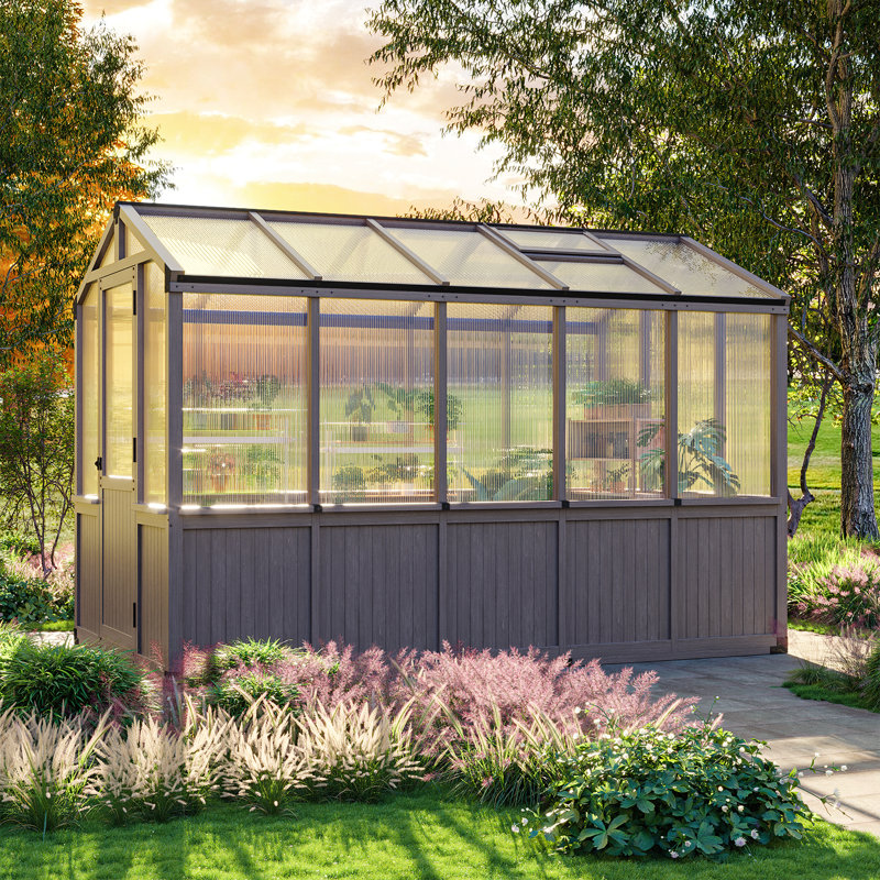 Wooden Greenhouse,polycarbonate Walk-in Outdoor Greenhouse, 7.08' H x 6' W x 10' D