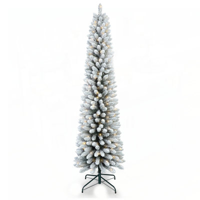 7FT Flocked Pencil Christmas Tree with 200 Warm White LED Lights Slim Snowy PVC Tree, Metal Stand, Easy Setup