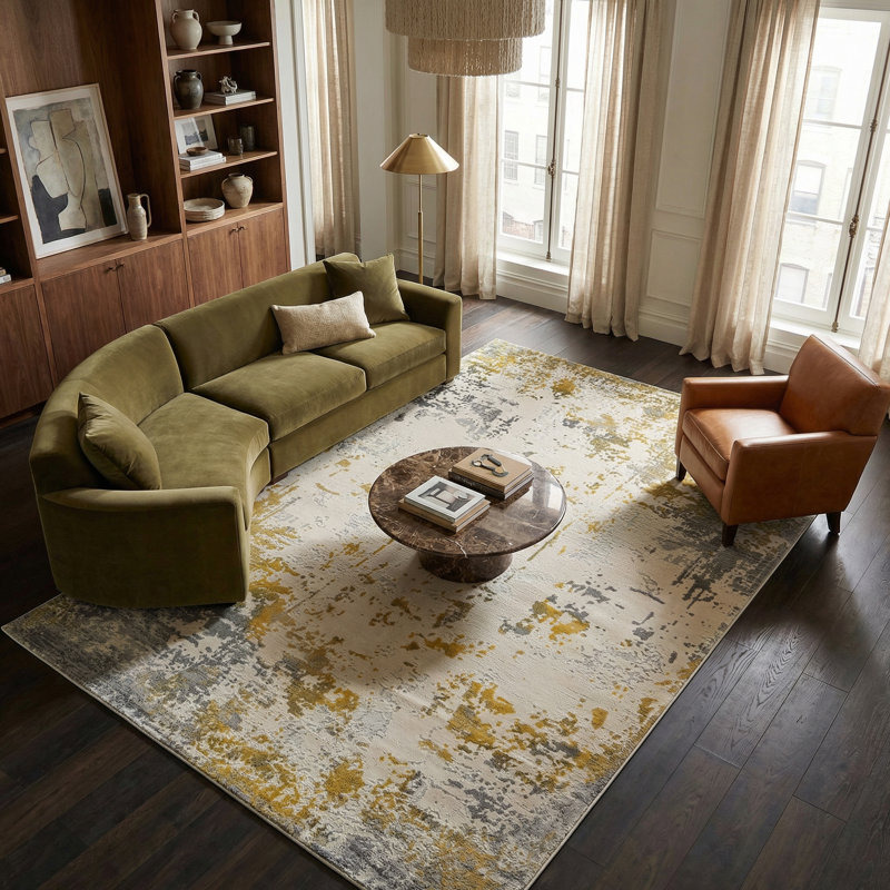 Tapis à motif abstrait doré / gris 7 pi x 10 pi (6 pi 6 po x 9 pi 6 po) à motif de tapis Solenne Branch, contemporain, à poils moyens et résistant aux taches