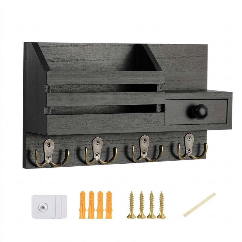 Porte-clés mural en bois avec porte-clés et tiroir à clés avec 8 tiroirs et 2 méthodes d'installation - noir