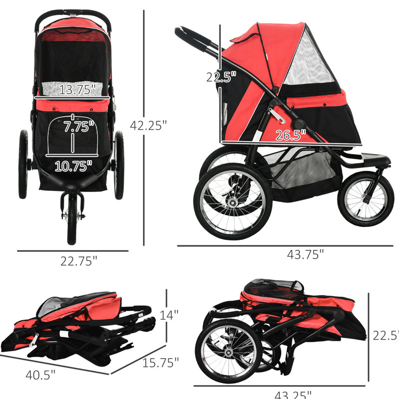 Poussette pliante pour chien 3 grandes roues rouge pour petits animaux de taille moyenne, pliable pour petits chiens