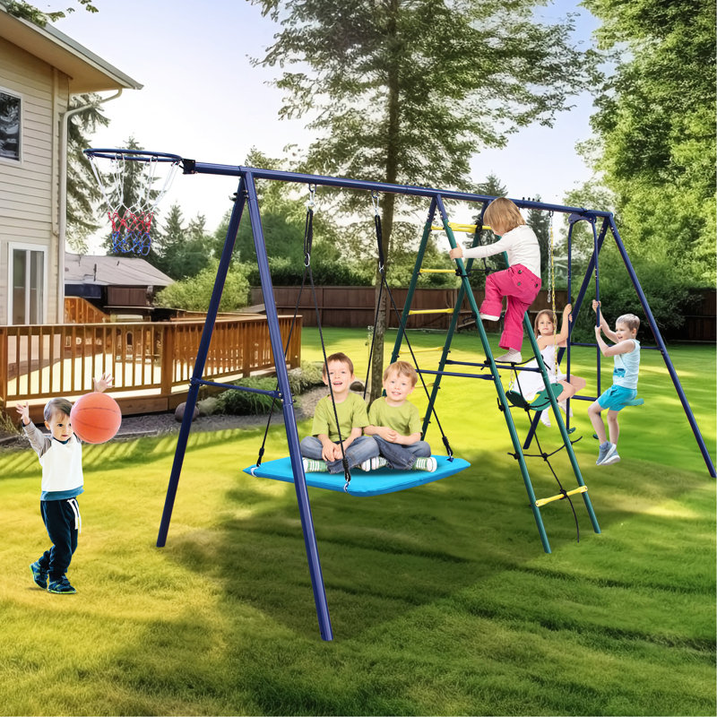 Balançoire multicolore en acier 6 en 1 pour la cour arrière - avec grimpeur, filet, balançoire, balançoire, ceinture de sécurité, cordes réglables et support de cerceau pour jouer en plein air