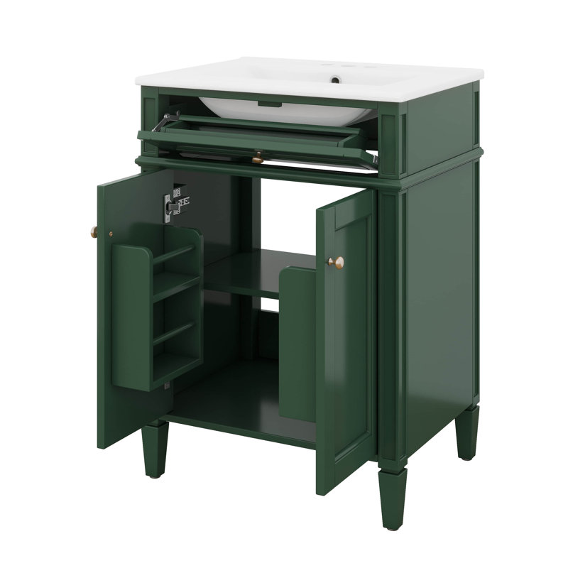 Meuble-lavabo autoportant de 24 po avec lavabo en céramique, armoire de rangement avec 2 portes et tiroir basculant, Vert