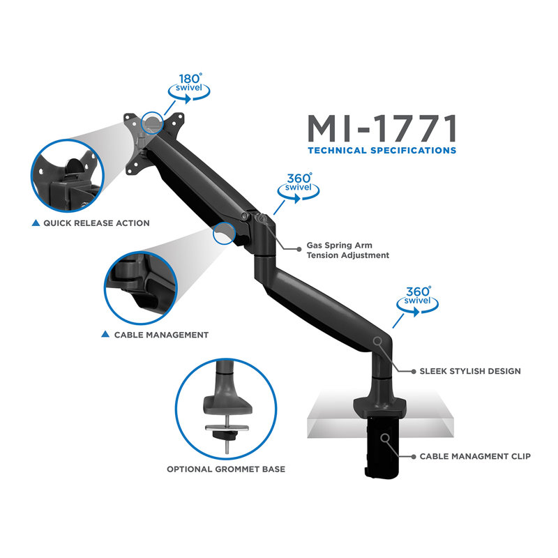 Black Adjustable Aluminum and Steel Single Monitor Desk Mount