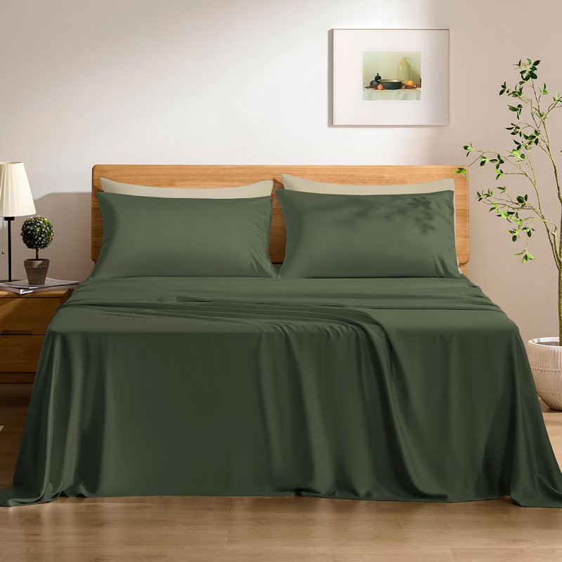 TOSMO Bamboo Viscose Sheets, California King Sheet Set with 2 Pillowcases, Olive