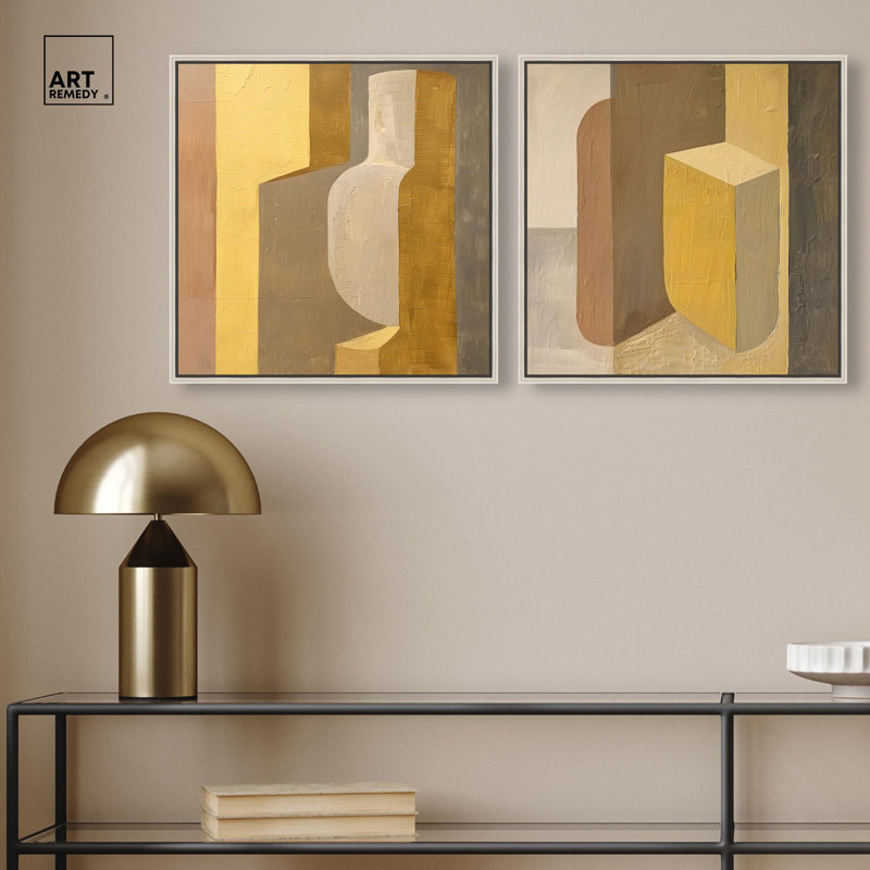 Columnar Forms Diptych Canvas Print Beige Wall Decor Set by Art Remedy, Black Frame, 12 x 12, 17" H x 17" W, Silver Frame