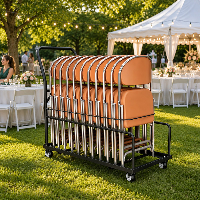 Chariot de chaise pliant robuste avec rails latéraux bas, chariot de rangement pour 25 chaises avec roues pivotantes verrouillables et sangle pour églises, salles de mariage et salles de banquet