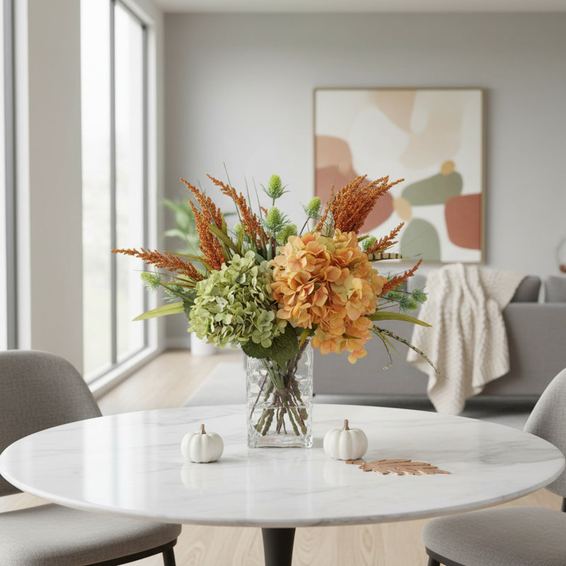 Hydrangea and Heather Fall Arrangement in a Glass Vase