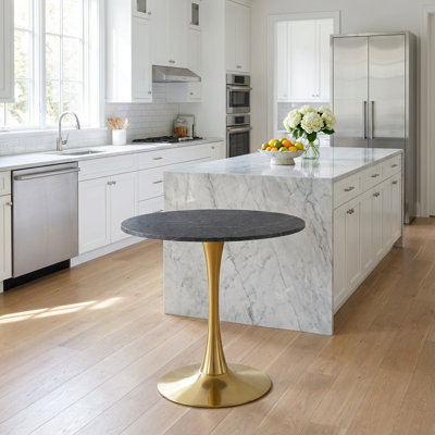 Modern Round Pedestal Dining Table with Faux Marble Top and Metal Base - Space-Saving Design for Kitchen, Living Room, or Cafe