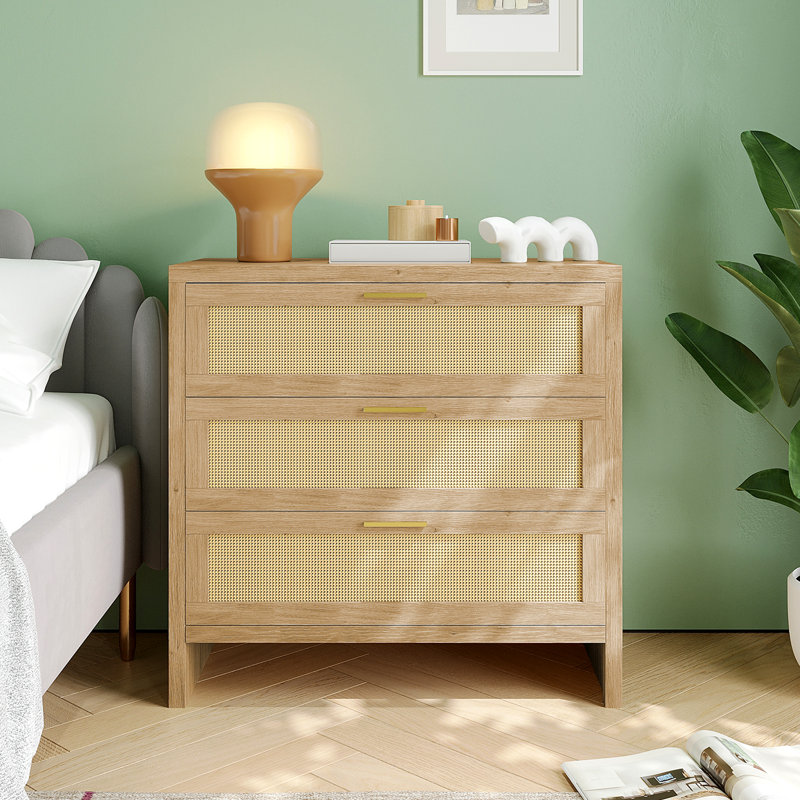 31.5" W  Rattan Drawers Dresser, Chest of 3 Drawers, Natural Wood Color, for Bedroom, Hallway, Living Room