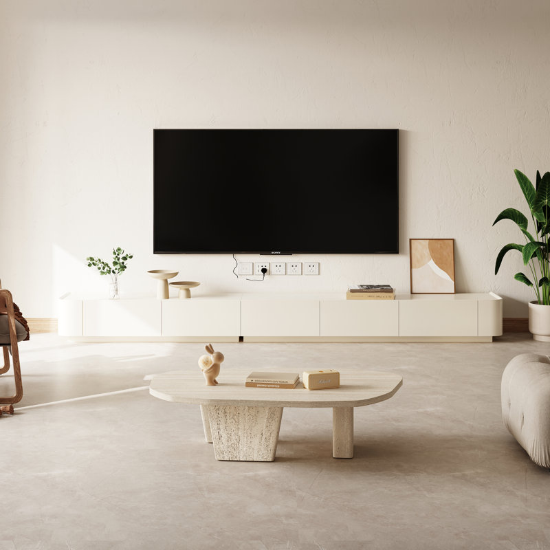 Meuble télé Ayuri de 114,2 po Mid-Century, 5 tiroirs, console média en bois massif blanc, H 11,4 po x L 114,2 po x l 15,7 po