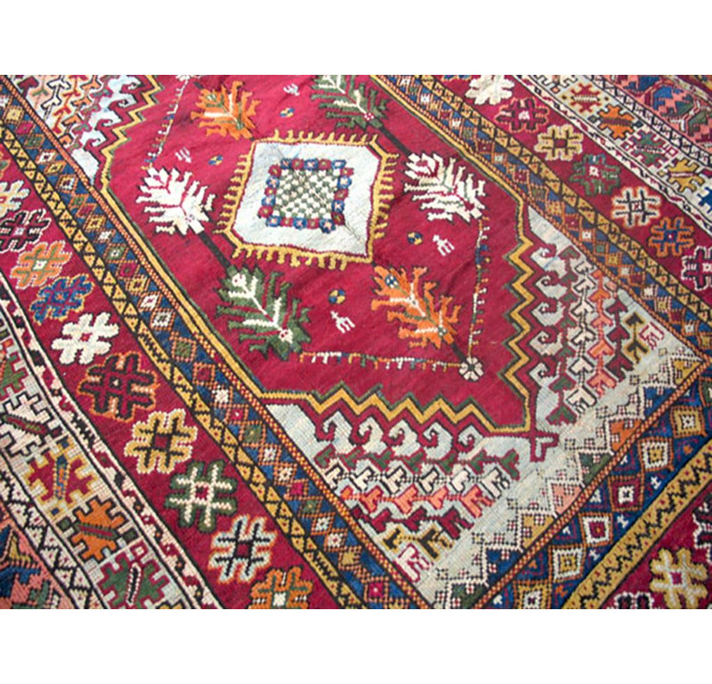 1900s Red Medallion Antique Moroccan Rabat Carpet 6'8" x 9'6" Knotted Wool Rug