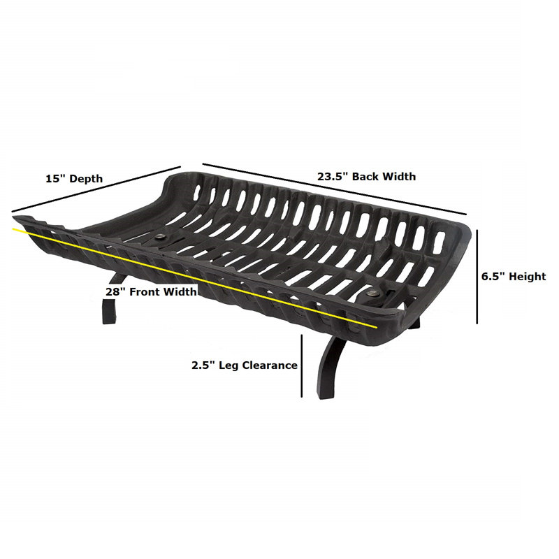 Grille de foyer en fonte robuste 28 po avec dégagement de 2 ½ po