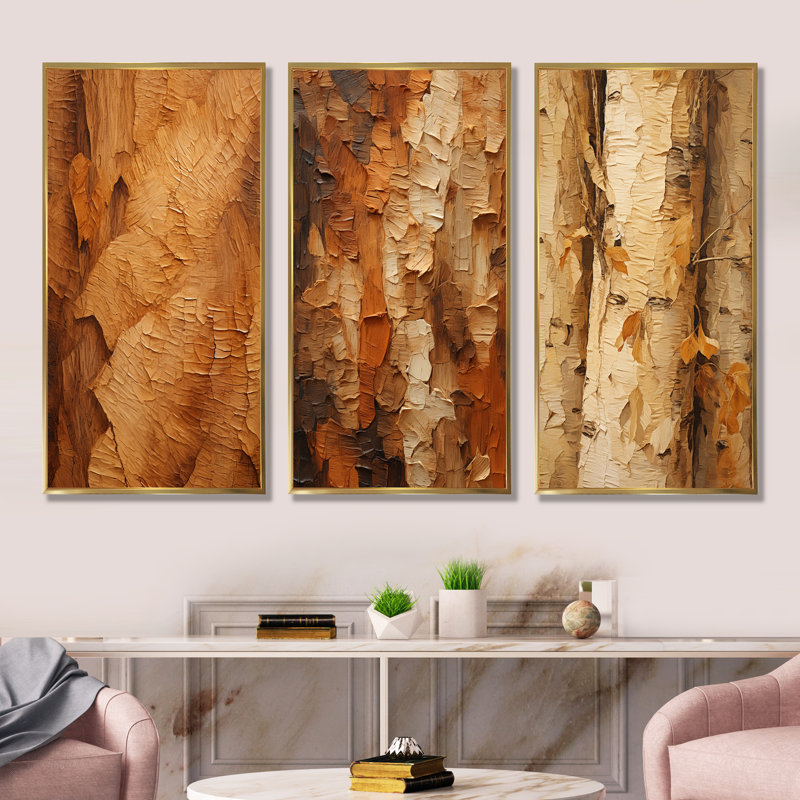 Brown Tree Bark Essence I - Ensemble de 3 décorations murales arbre, Cadre flottant doré, H 40 po x l 60 po