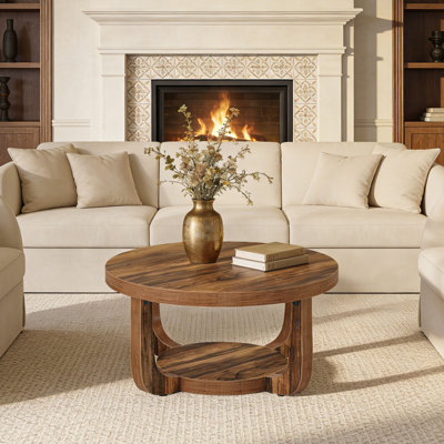 2-Tier Round Coffee Table With Thicken Tabletop & Base, Dark Brown