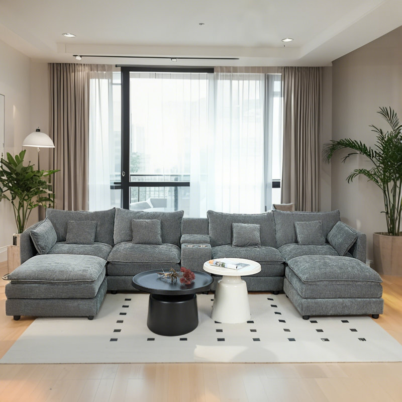 Canapé modulaire en U de 144 po avec repose-pieds en chenille moelleux de 144 po, 6 places, comprenant une console et des porte-gobelets, un confort moderne en forme de nuage pour le salon