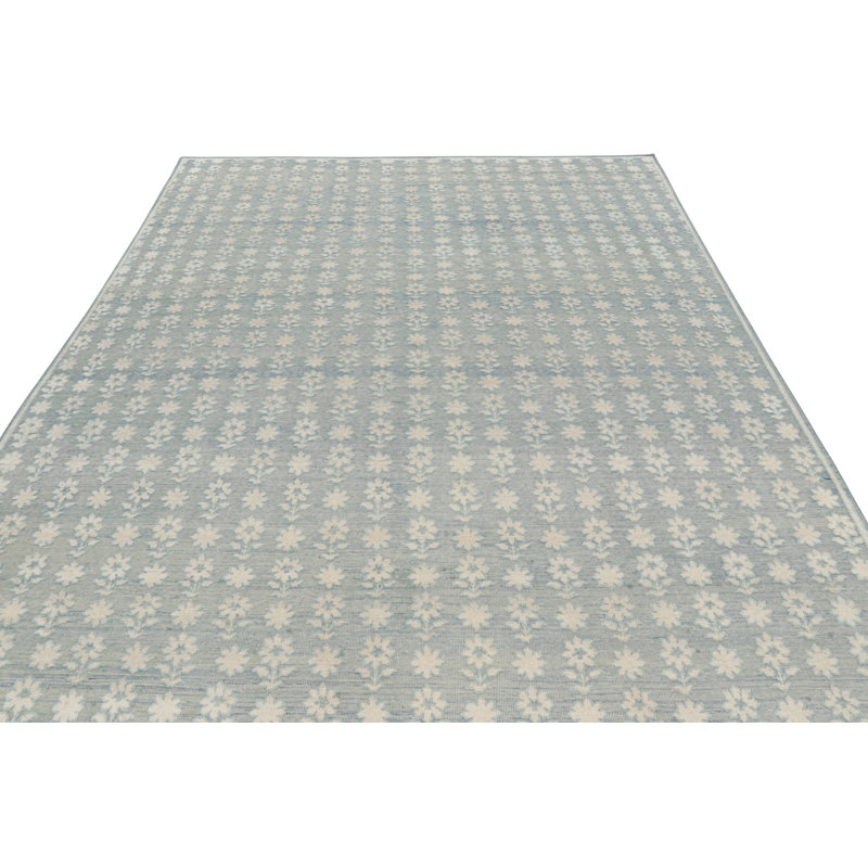 Rug & Kilim’S Modern Block Print Rug In Blue With White Floral Patterns, Rectangle 10' x 14'