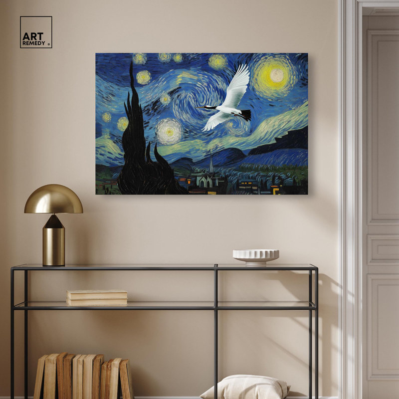 «Crane Starry Night» par Pet , H 24 po x l 36 po, Toile tendue