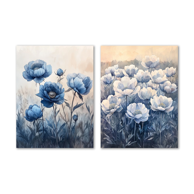 Pivoines bleues sombres dans le pâture I - Nature, ensemble d'art mural en métal 2 pièces, 32" H x 48" W