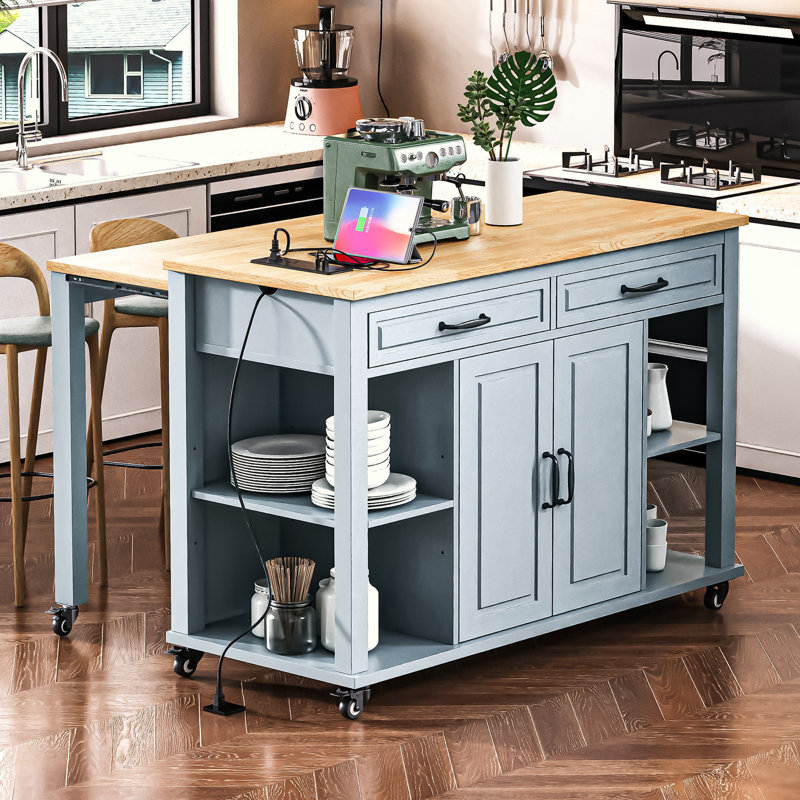 47 inch Kitchen Island with Extendable Dining Table, Rubber Wood Veneer Kitchen Table with Internal Storage Rack, Power Outlet, Kitchen island with Storage 2 Drawers 2 Cabinet