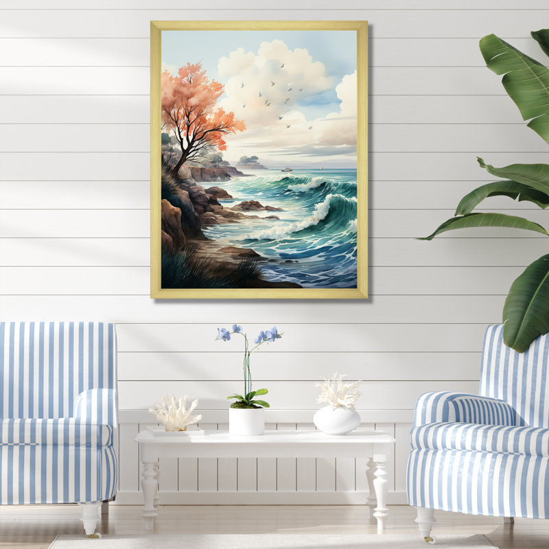 Paysage marin capturant l'esprit côtier I - plage, art mural, Cadre photo doré simple, H 32 po x l 24 po x P 1 po