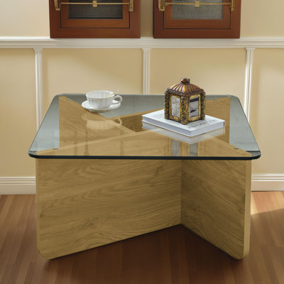 31.5" Mid-Century Glass Coffee Table – Tempered Glass Top with Wooden Base