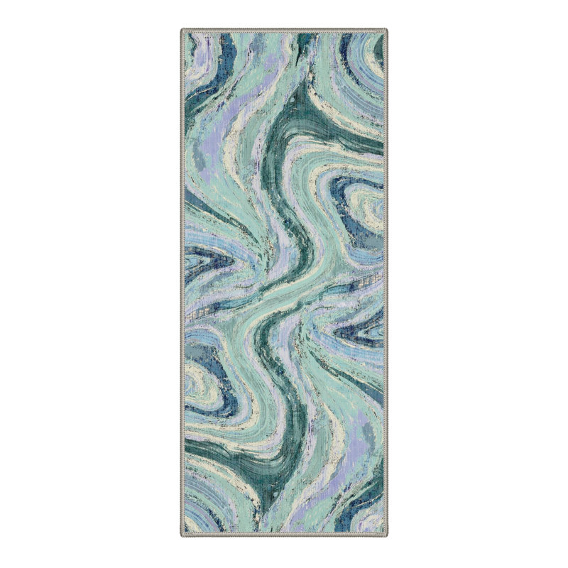 Tonicka Vortex Abstract Machine Washable Blue / Purple / Beige Indoor Area Rug with Non-Slip Backing, Runner 2'6" x 8'