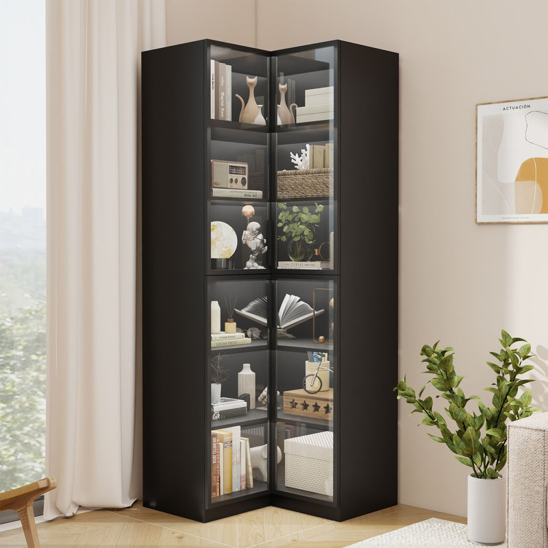 Corner Display Cabinet with Glass Doors, 79" Lighted Curio Display Case with 7 Color Lights for Collectibles for Living Room