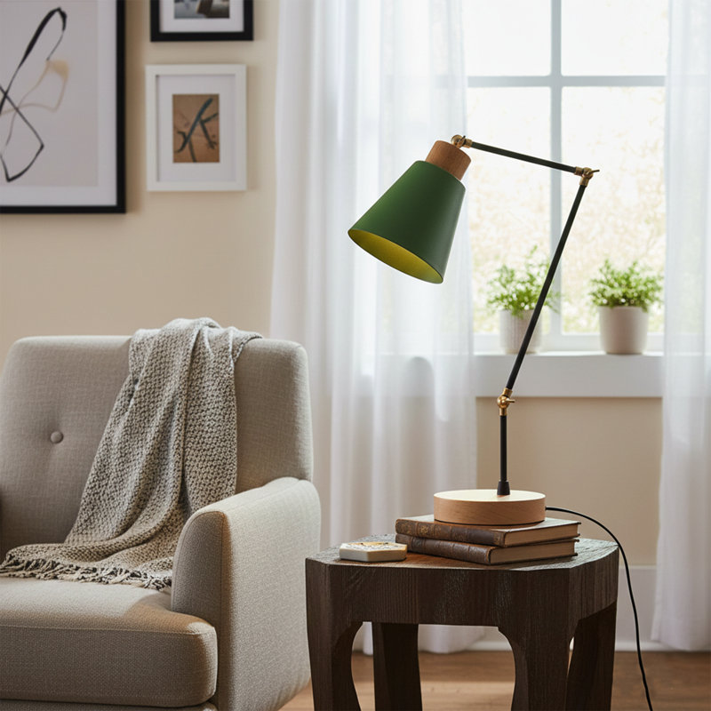 Lampe de bureau réglable en métal 21 po avec base en bois naturel Aurelius, Vert