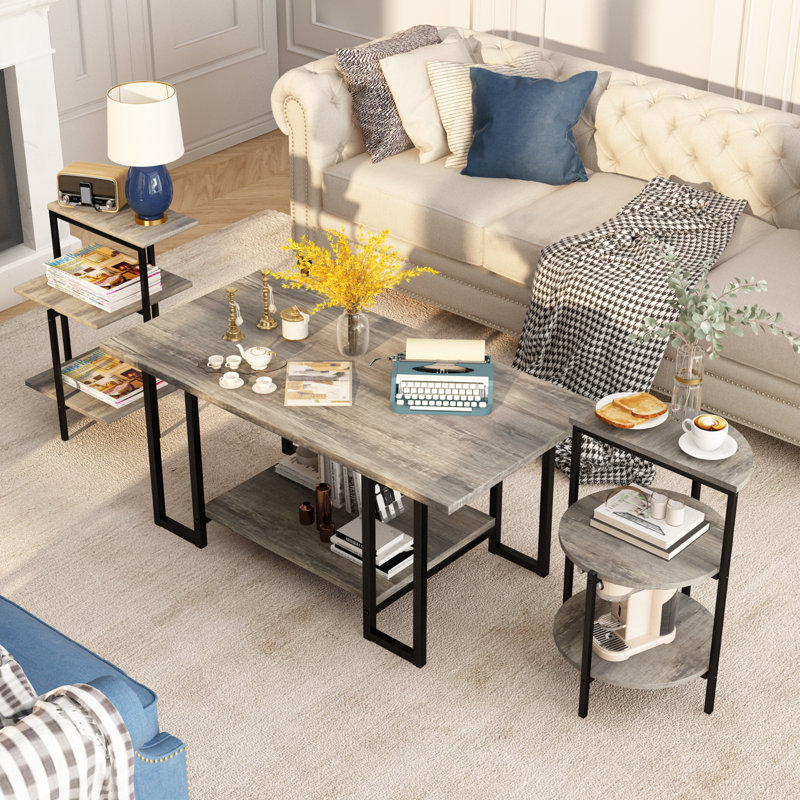 3 Pieces Faux Marble Coffee Table Set, Include 1 Coffee Table And 2 End Tables, Modern End Table With Storage Shelf, Metal Cocktail Table, Sofa Side Coffee Table For Home, Apartments, Living Room, Bedroom, Office