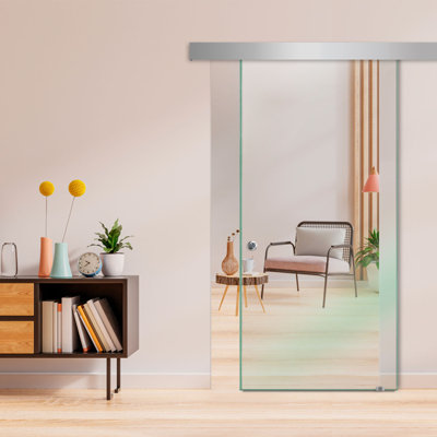 Porte de grange coulissante en verre transparent sans cadre avec poignée en T l 35 po x H 84 po